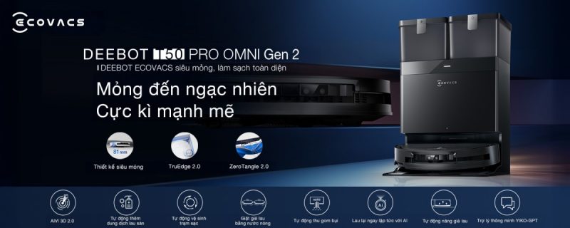 Robot hút bụi lau nhà Ecovacs DEEBOT T50 PRO OMNI Gen 2 nổi bật với lực hút siêu mạnh 21.000Pa kết hợp công nghệ ZeroTangle 2.0 chống rối tóc